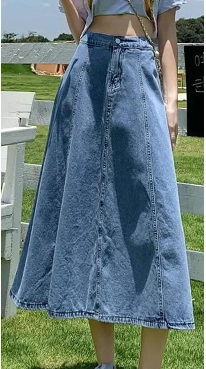 Dcvmvmn Denim Skirt for Women's High-Waisted Slimming Medium-Length A- Line Long Umbrella Half Dress