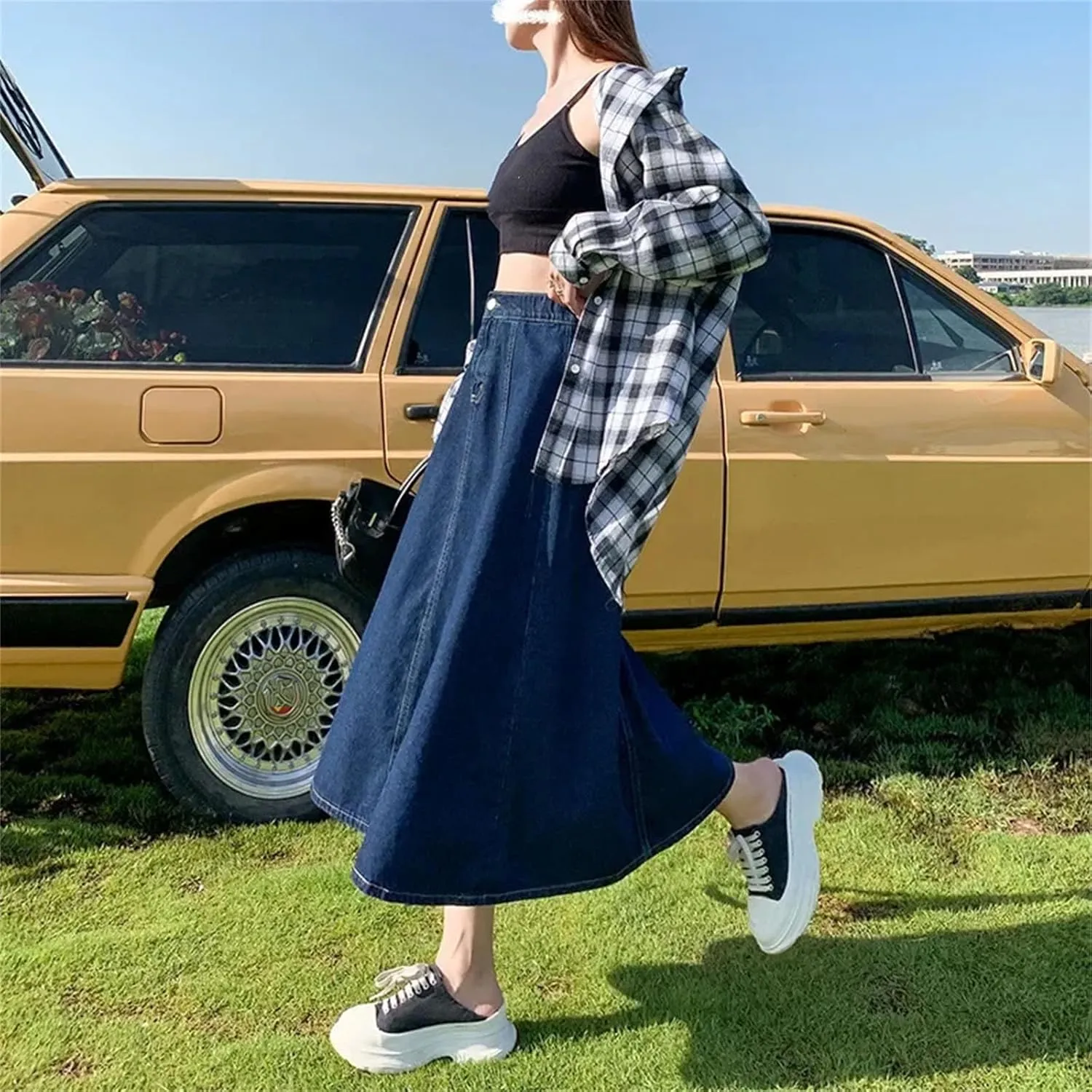 Dcvmvmn Women's Denim Skirt High-Waisted A- Line Medium-Length Umbrella Skirts Elegant Long Half Dress