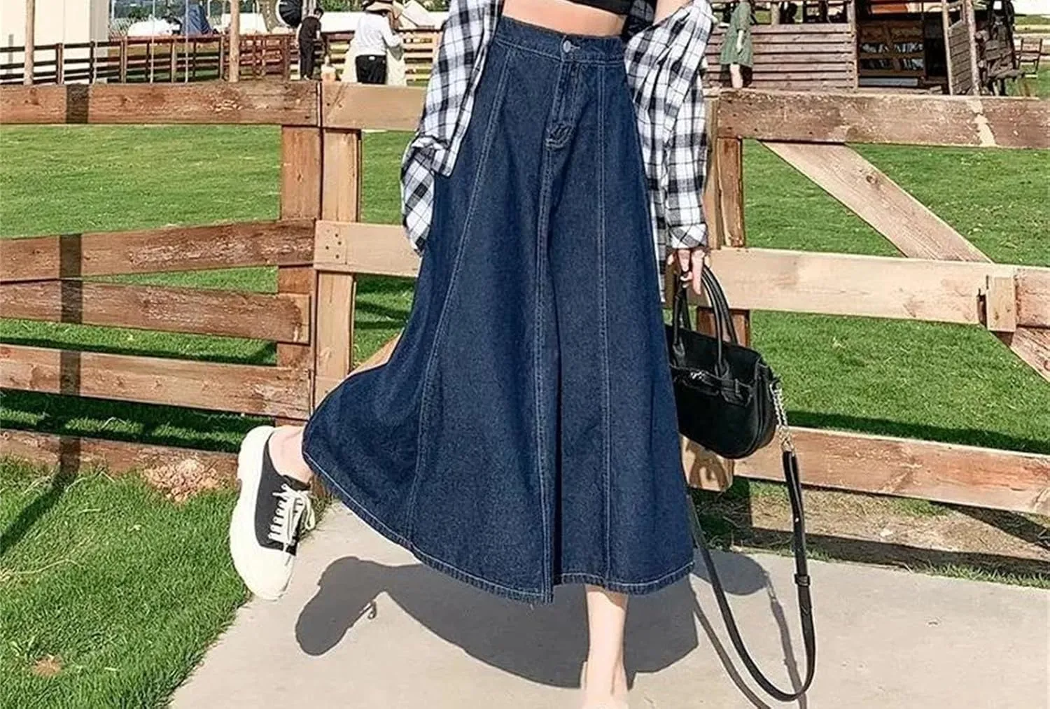 Dcvmvmn Women's Denim Skirt High-Waisted A- Line Medium-Length Umbrella Skirts Elegant Long Half Dress