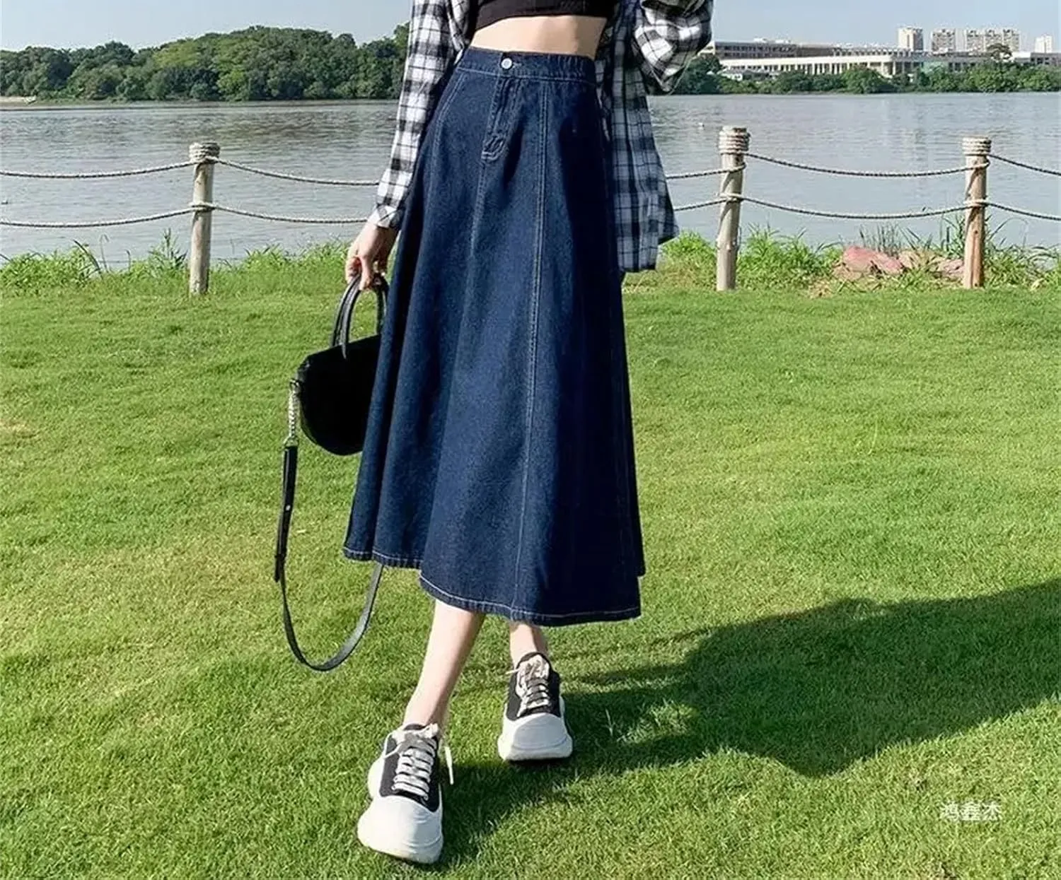 Dcvmvmn Women's Denim Skirt High-Waisted A- Line Medium-Length Umbrella Skirts Elegant Long Half Dress