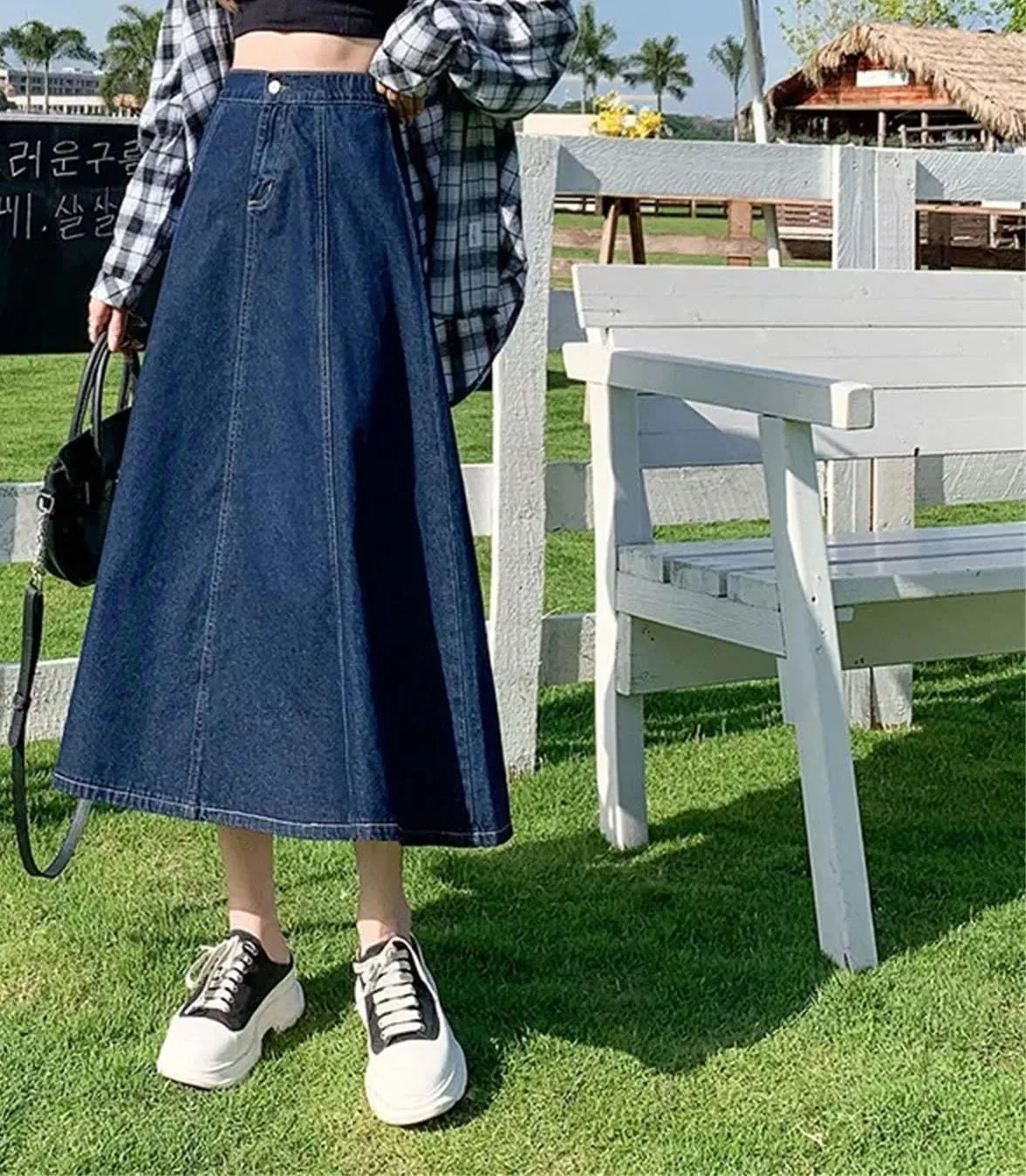 Dcvmvmn Women's Denim Skirt High-Waisted A- Line Medium-Length Umbrella Skirts Elegant Long Half Dress