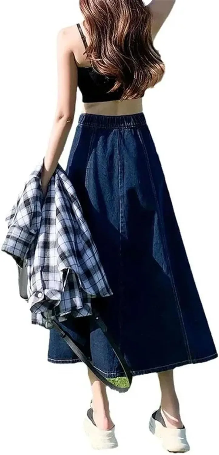 Dcvmvmn Women's Denim Skirt High-Waisted A- Line Medium-Length Umbrella Skirts Elegant Long Half Dress