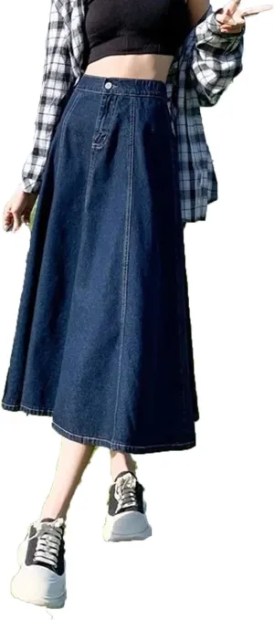 Dcvmvmn Women's Denim Skirt High-Waisted A- Line Medium-Length Umbrella Skirts Elegant Long Half Dress