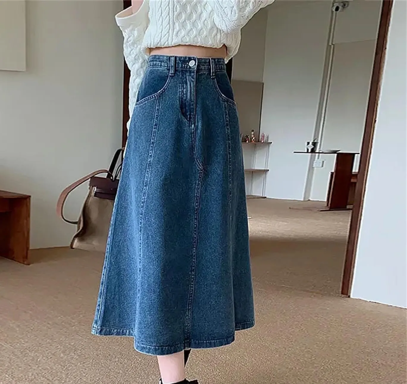 Dcvmvmn Women's Denim Skirt High-Waisted Slimming Medium-Length Plus Size A- Line Washed Jean Umbrella Skirts