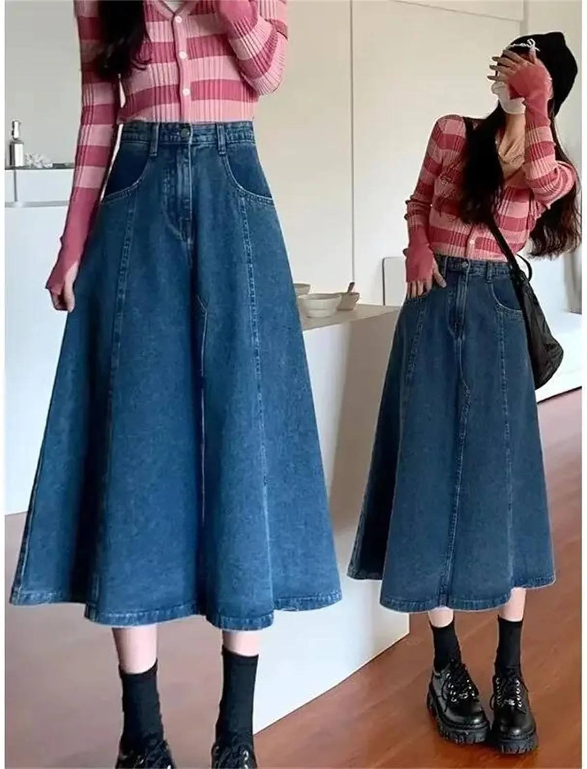 Dcvmvmn Women's Denim Skirt High-Waisted Slimming Medium-Length Plus Size A- Line Washed Jean Umbrella Skirts