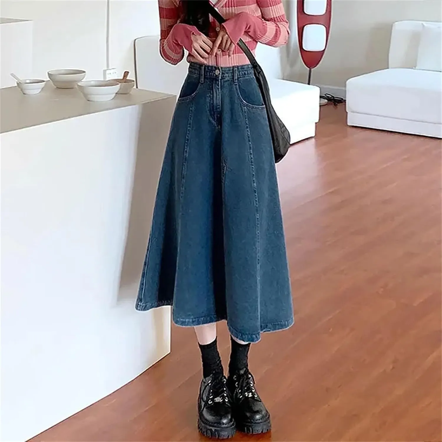 Dcvmvmn Women's Denim Skirt High-Waisted Slimming Medium-Length Plus Size A- Line Washed Jean Umbrella Skirts