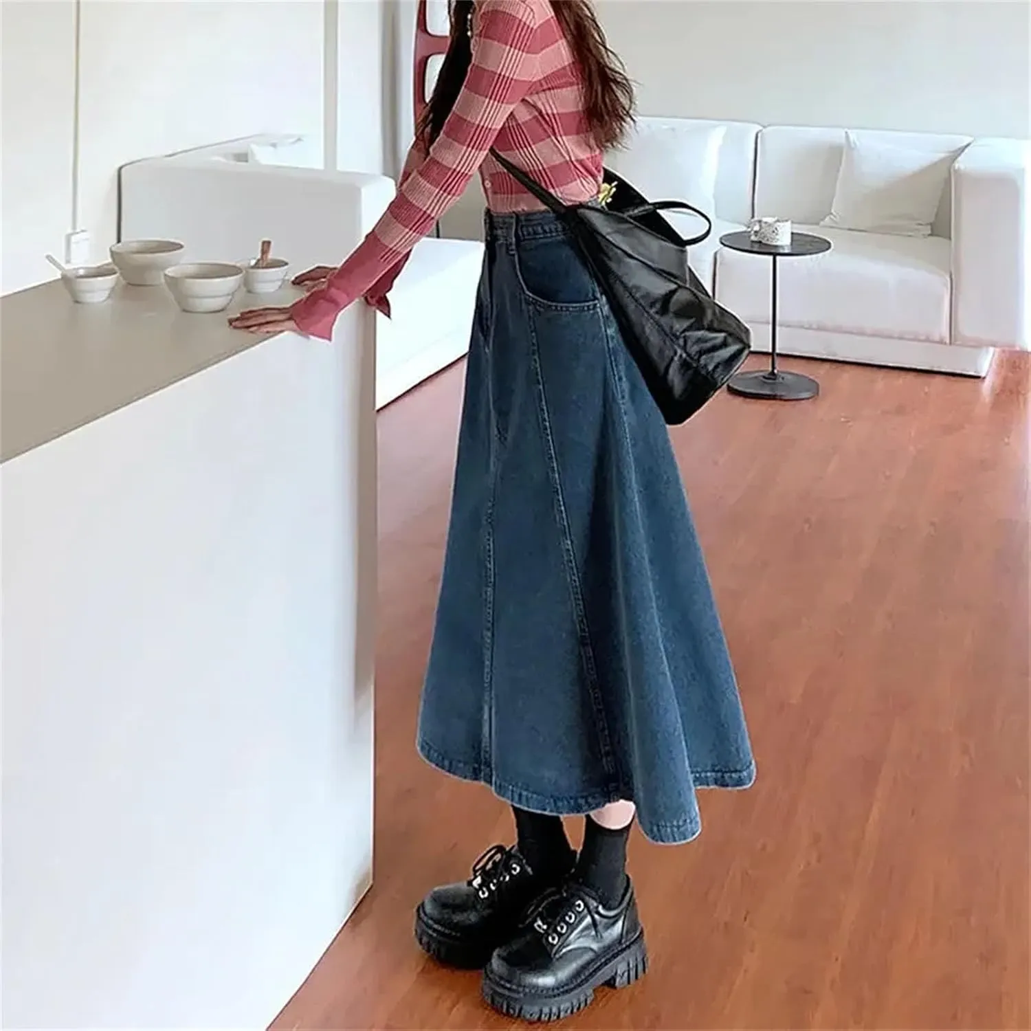 Dcvmvmn Women's Denim Skirt High-Waisted Slimming Medium-Length Plus Size A- Line Washed Jean Umbrella Skirts