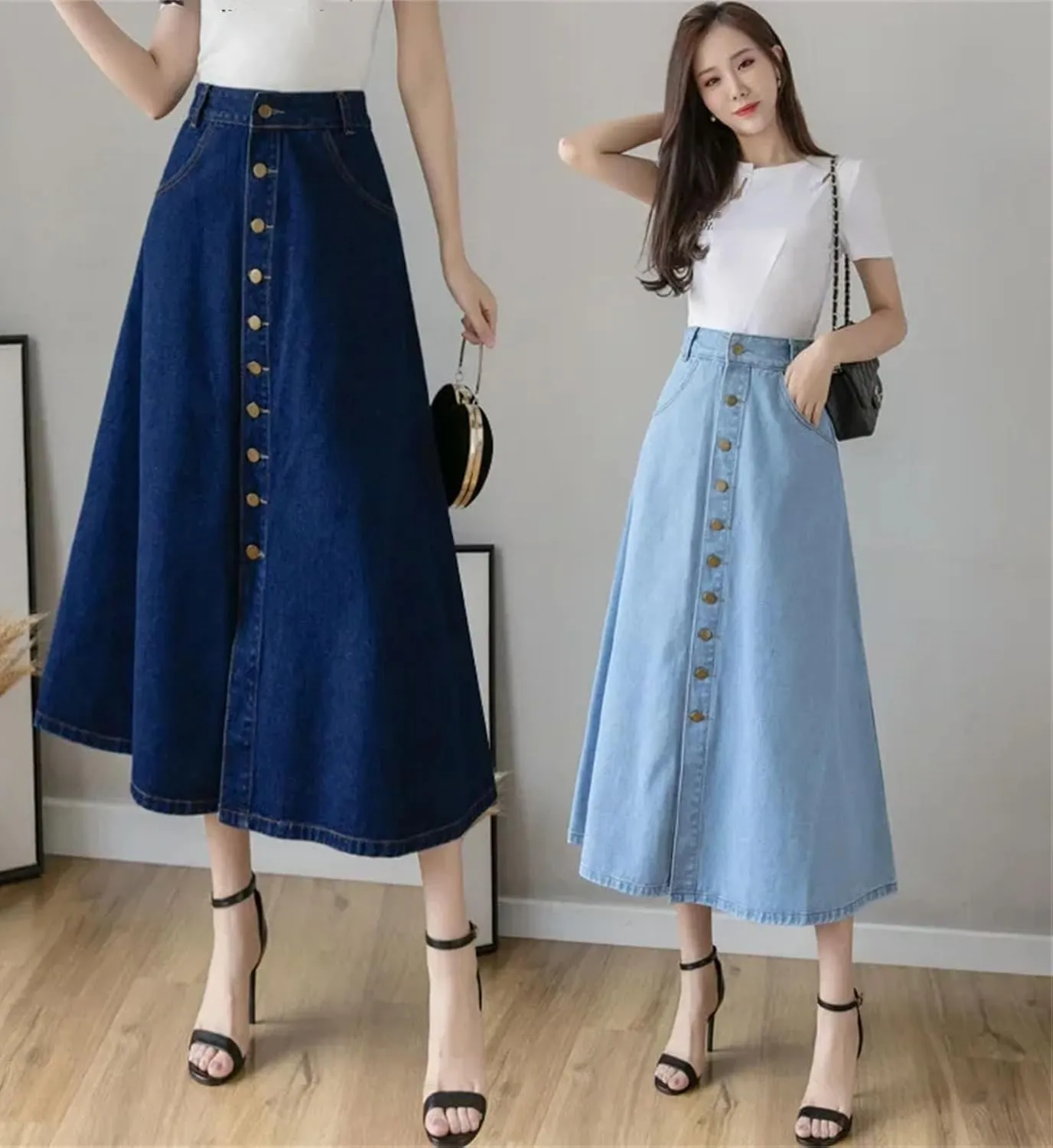 Dcvmvmn Women's Denim Skirt High-Waisted Slimming Single-Breasted Medium-Length A- Line Umbrella Skirts