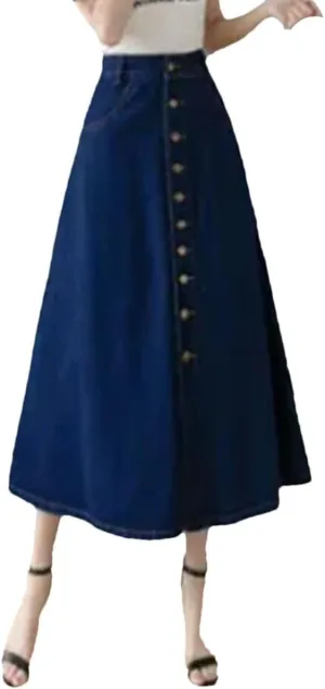 Dcvmvmn Women's Denim Skirt High-Waisted Slimming Single-Breasted Medium-Length A- Line Umbrella Skirts