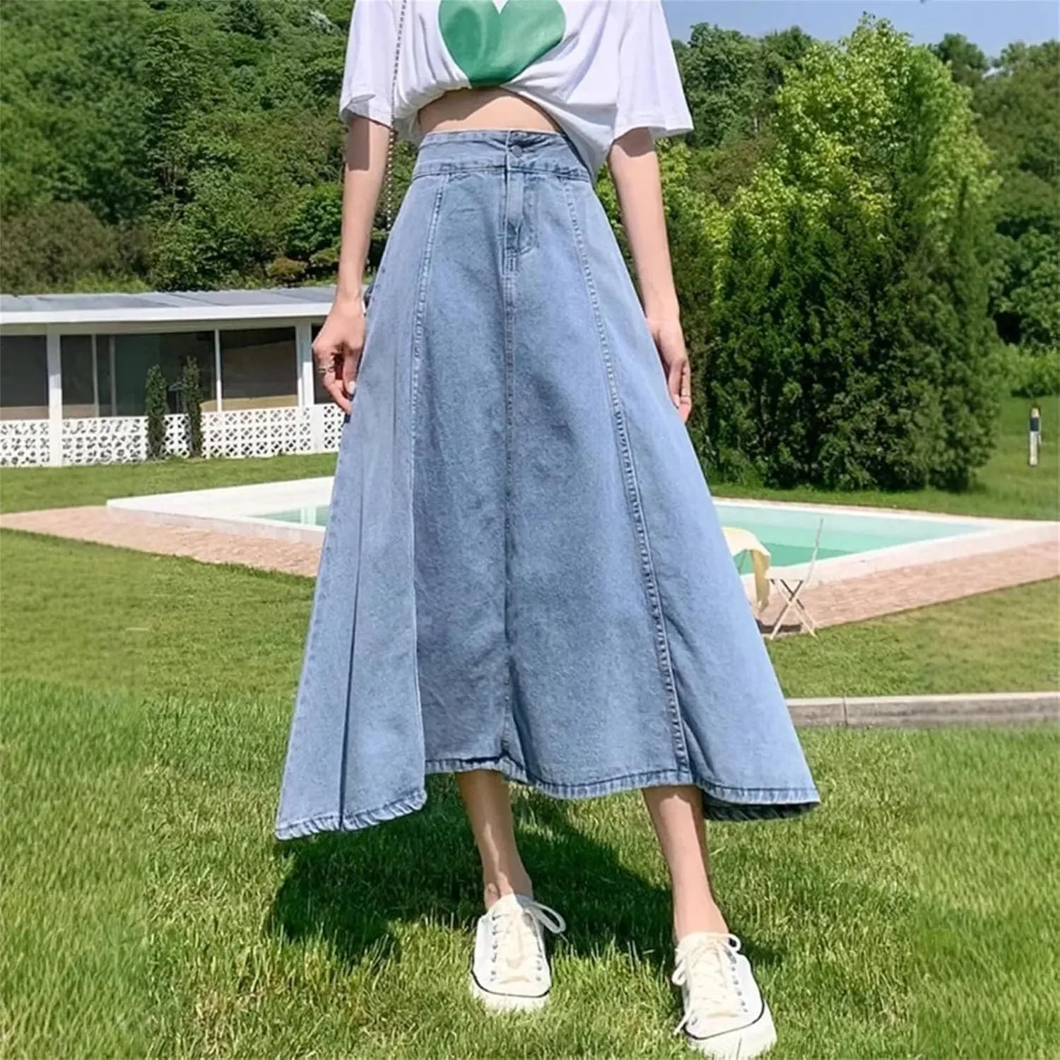 Dcvmvmn Women's Denim Skirt Thin Medium Length Umbrella High Waist Slimming Long A- Line Half Dresses