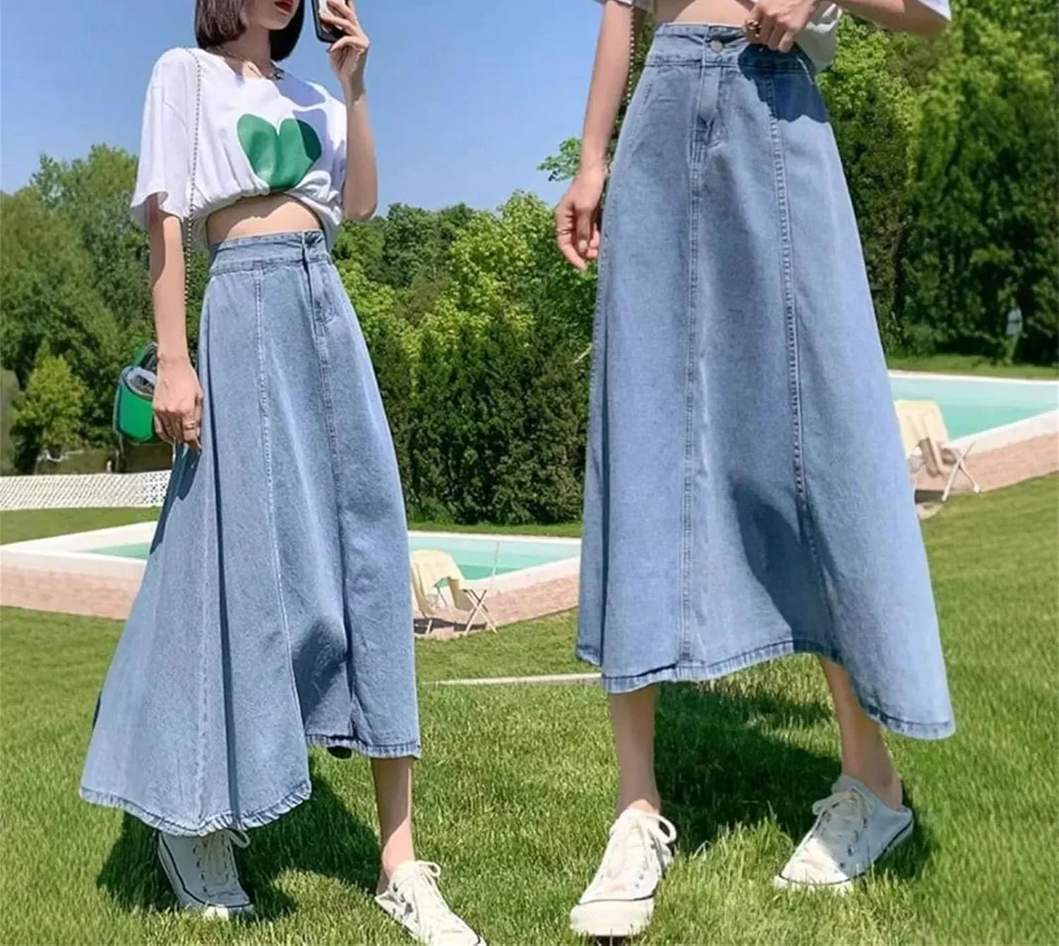 Dcvmvmn Women's Denim Skirt Thin Medium Length Umbrella High Waist Slimming Long A- Line Half Dresses