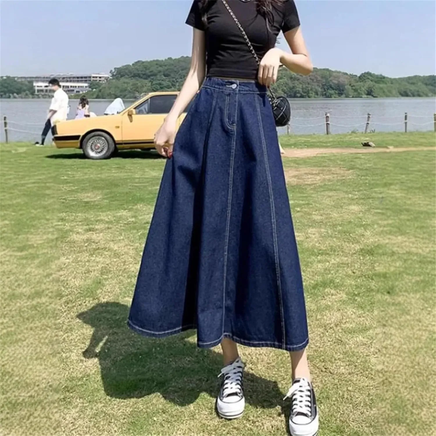 Dcvmvmn Women's Denim Skirt Thin Medium Length Umbrella High Waist Slimming Long A- Line Half Dresses