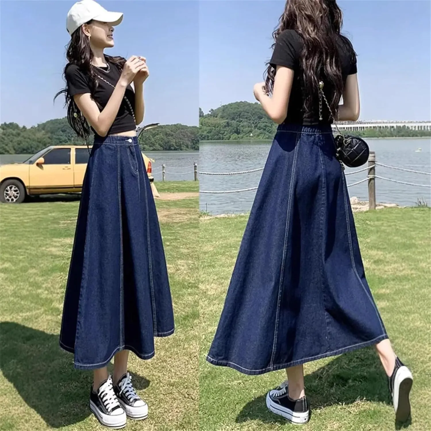 Dcvmvmn Women's Denim Skirt Thin Medium Length Umbrella High Waist Slimming Long A- Line Half Dresses