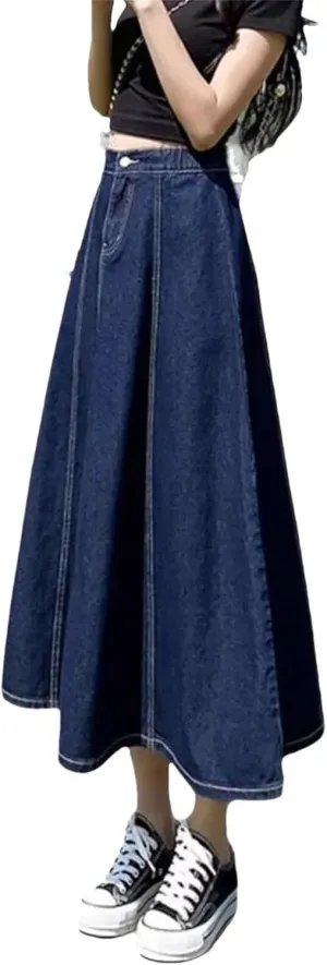 Dcvmvmn Women's Denim Skirt Thin Medium Length Umbrella High Waist Slimming Long A- Line Half Dresses