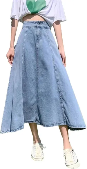 Dcvmvmn Women's Denim Skirt Thin Medium Length Umbrella High Waist Slimming Long A- Line Half Dresses