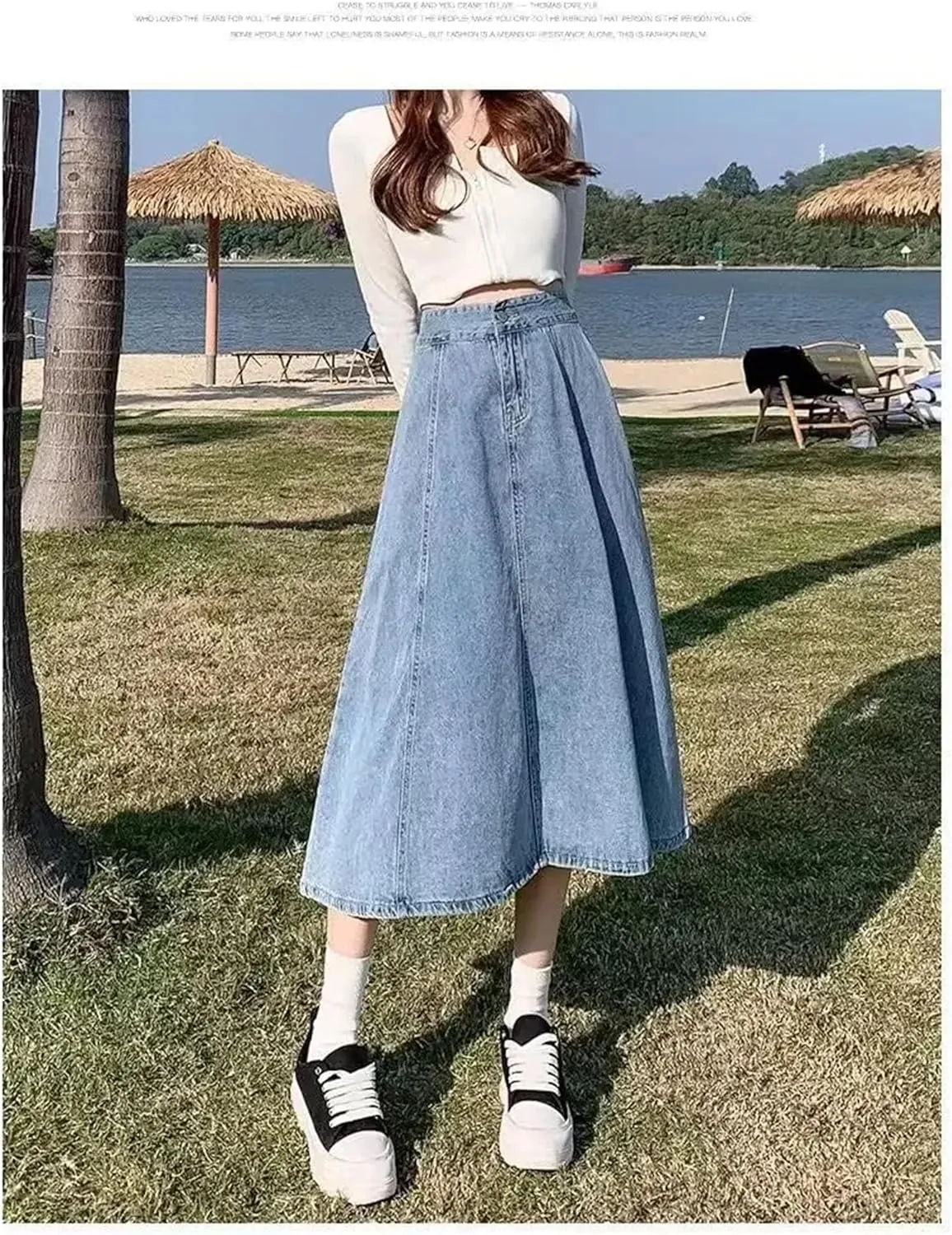 Dcvmvmn Women's Pleated Denim Skirt High-Waisted A- Line Umbrella Skirt Casual Medium-Length Half Dress