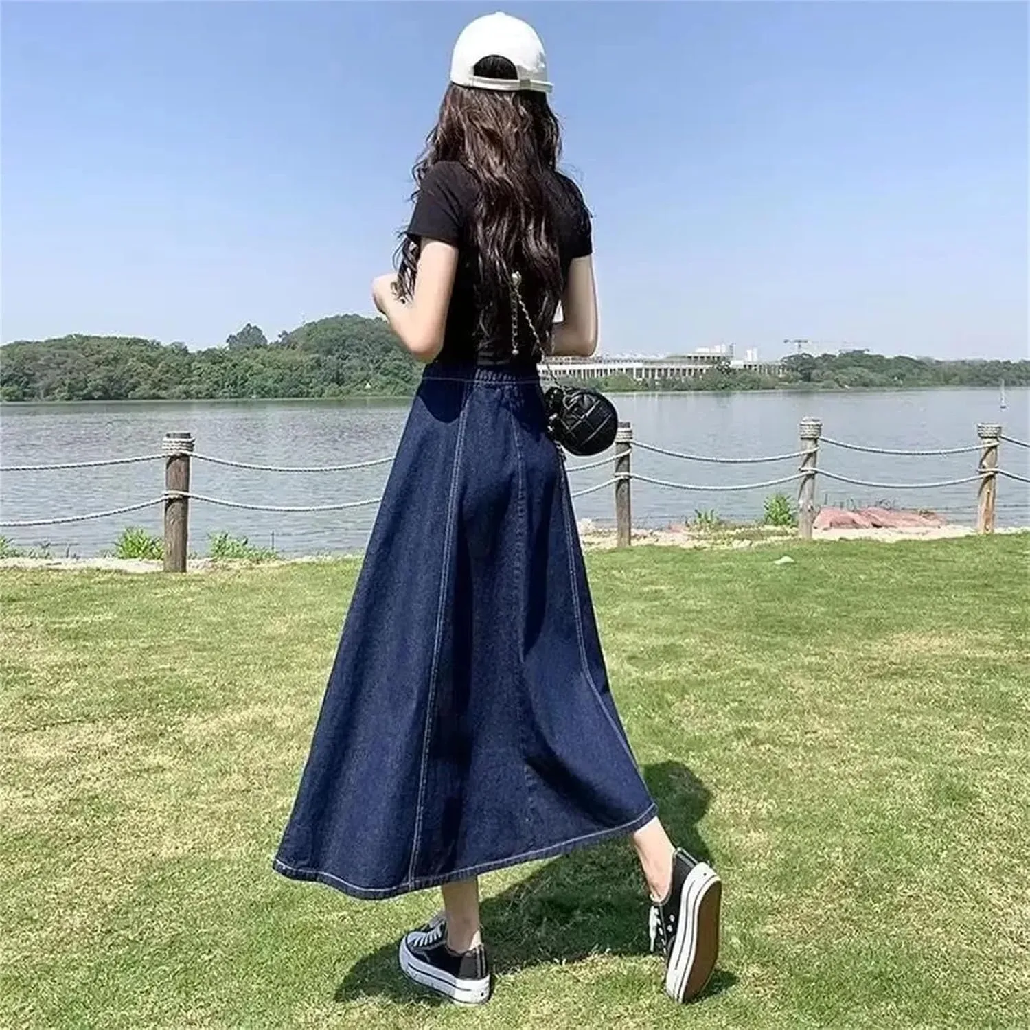 Dcvmvmn Women's Pleated Denim Skirt High-Waisted A- Line Umbrella Skirt Casual Medium-Length Half Dress