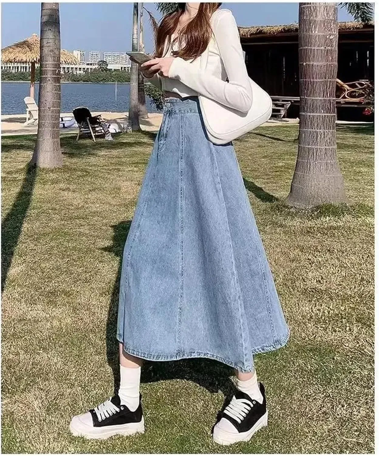 Dcvmvmn Women's Pleated Denim Skirt High-Waisted A- Line Umbrella Skirt Casual Medium-Length Half Dress