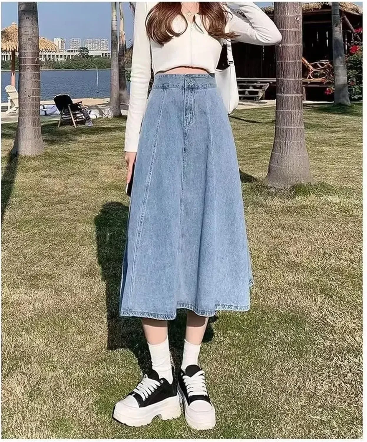Dcvmvmn Women's Pleated Denim Skirt High-Waisted A- Line Umbrella Skirt Casual Medium-Length Half Dress