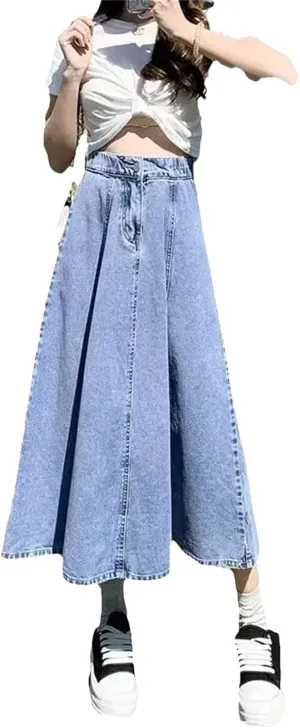 Dcvmvmn Women's Pleated Denim Skirt High-Waisted A- Line Umbrella Skirt Casual Medium-Length Half Dress