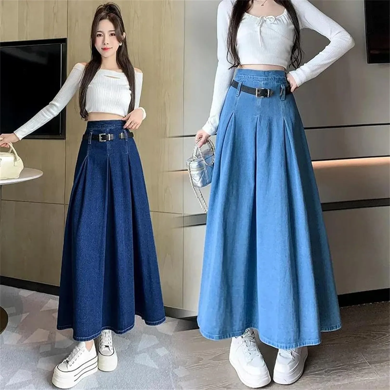 Denim Skirt for Womens Classic Pleated High-Waisted Medium-Length A-Line Umbrella Skirts