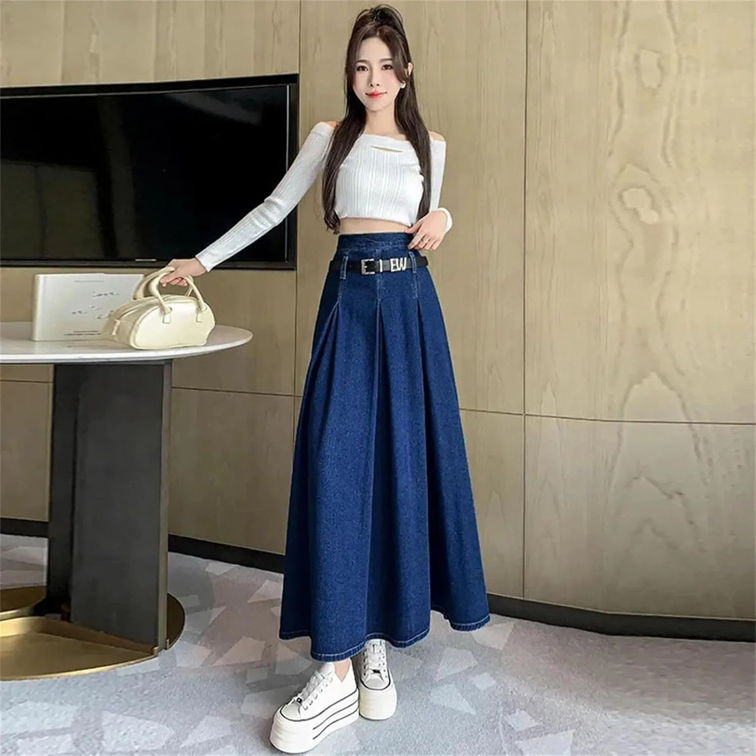 Denim Skirt for Womens Classic Pleated High-Waisted Medium-Length A-Line Umbrella Skirts