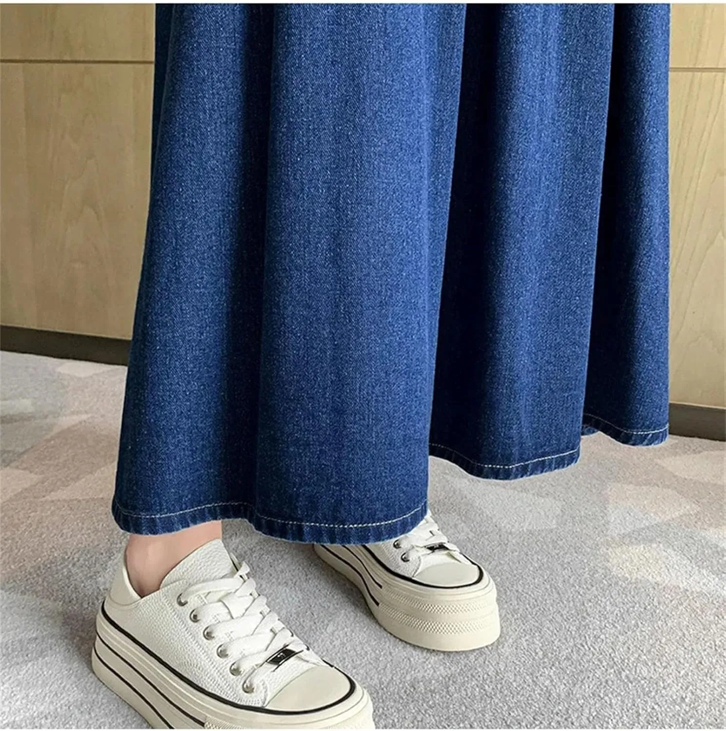 Denim Skirt for Womens Classic Pleated High-Waisted Medium-Length A-Line Umbrella Skirts