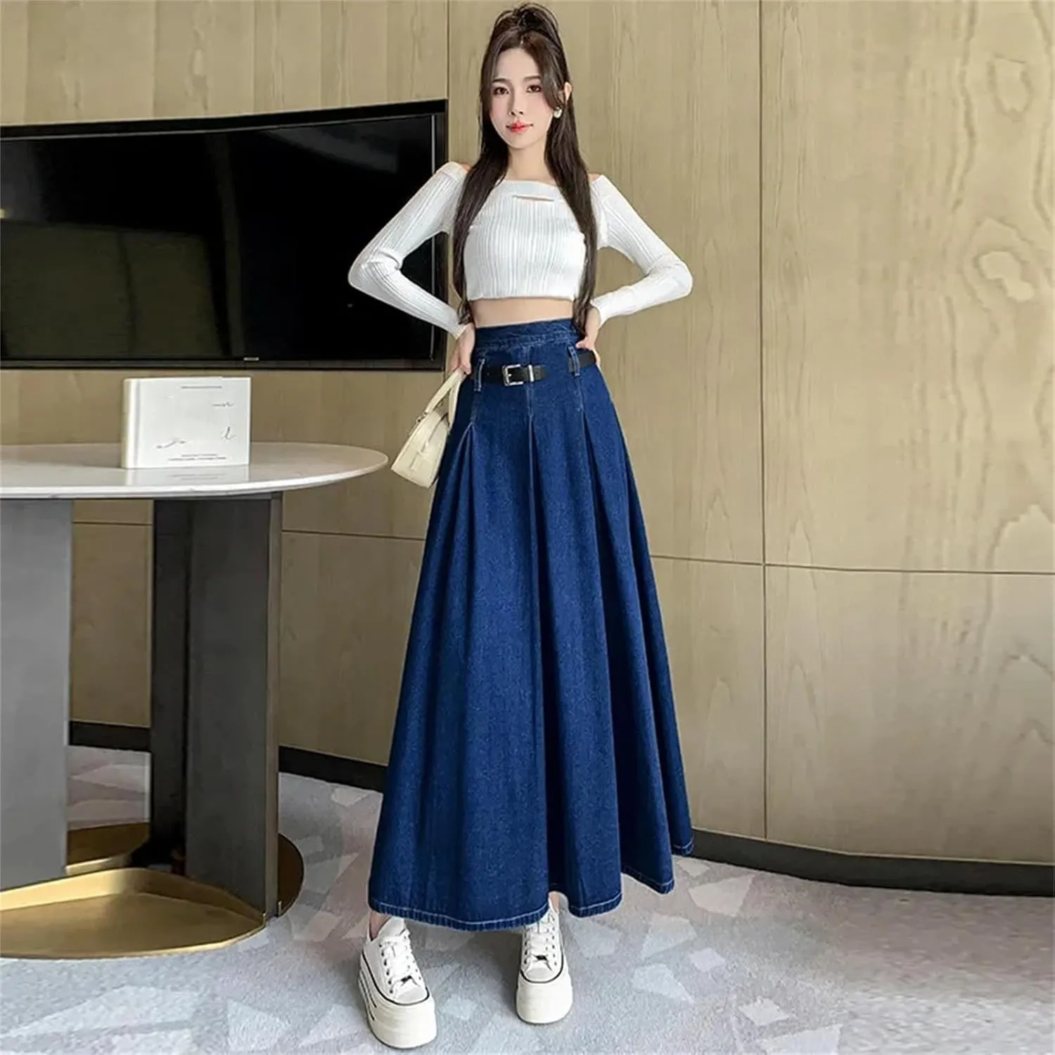 Denim Skirt for Womens Classic Pleated High-Waisted Medium-Length A-Line Umbrella Skirts
