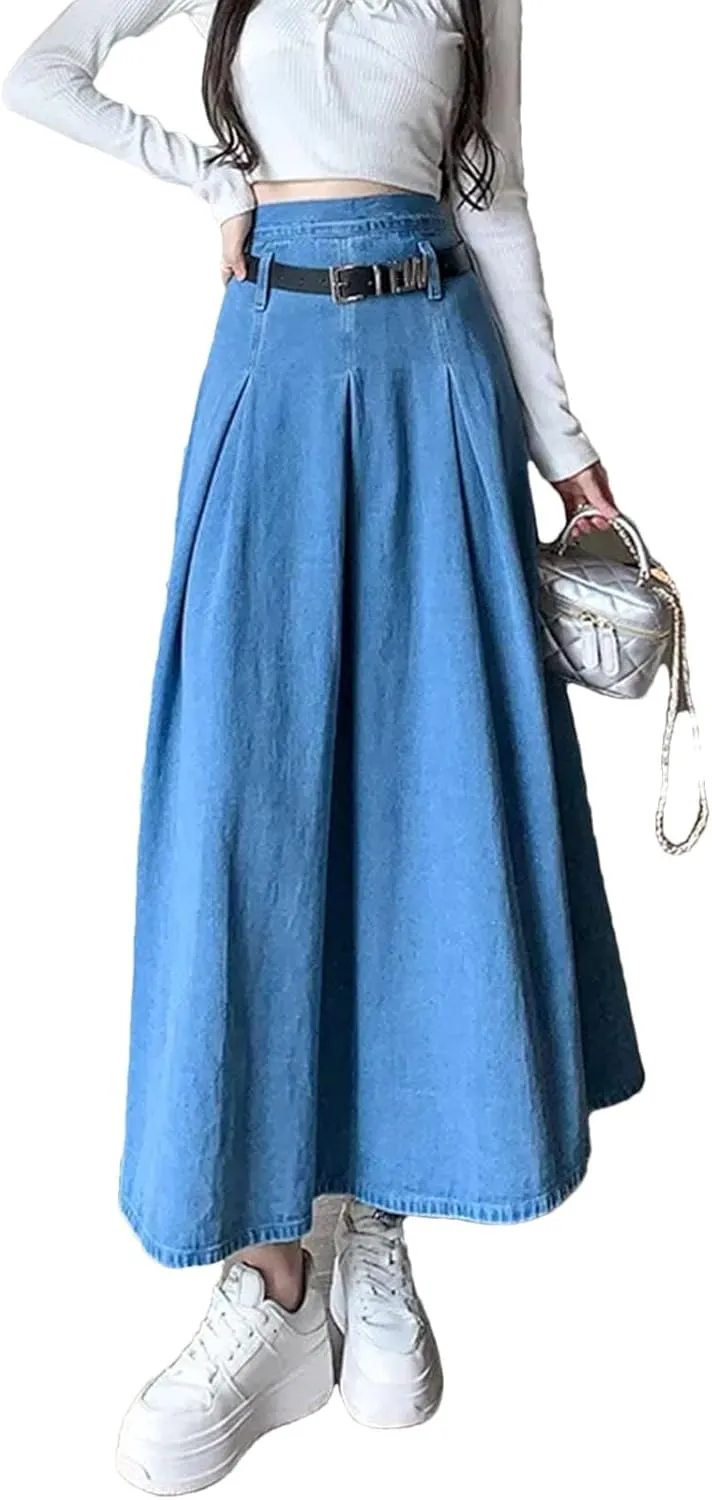 Denim Skirt for Womens Classic Pleated High-Waisted Medium-Length A-Line Umbrella Skirts