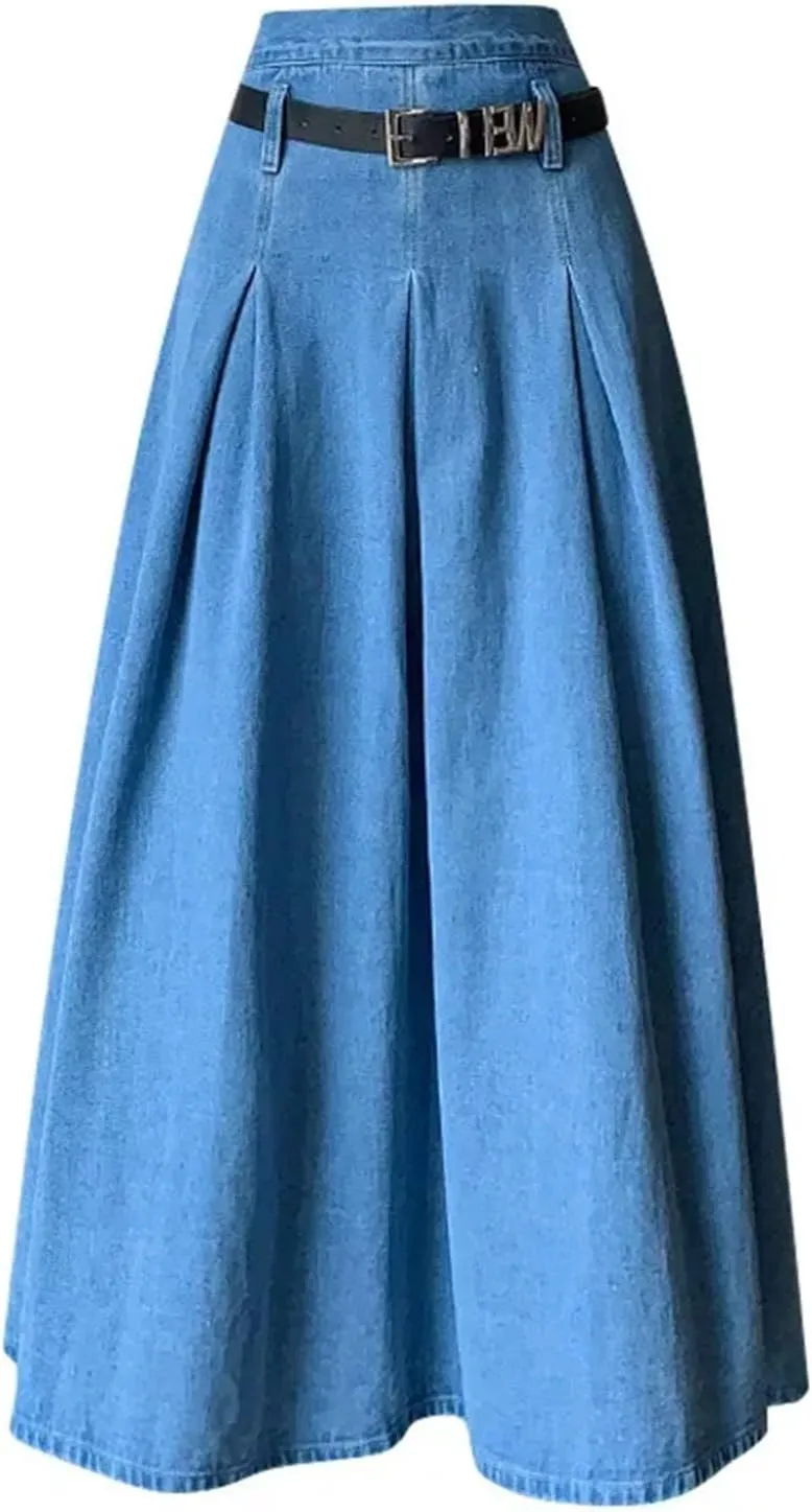 Denim Skirt for Womens Classic Pleated High-Waisted Medium-Length A-Line Umbrella Skirts
