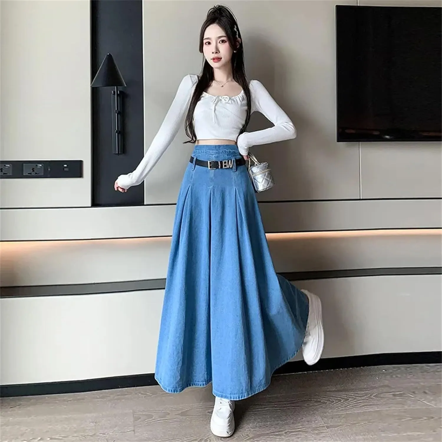 Denim Skirt for Womens Classic Pleated High-Waisted Medium-Length A-Line Umbrella Skirts