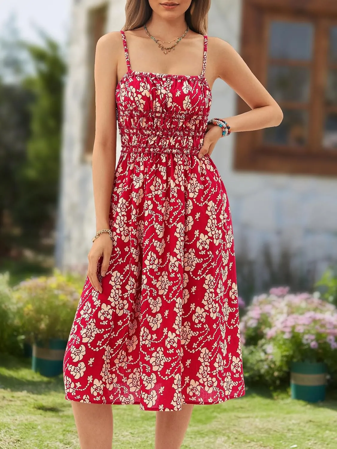 DIRASS 100% Cotton Dress for Women 2025 Summer Vacation Beach Smocked Midi Dress