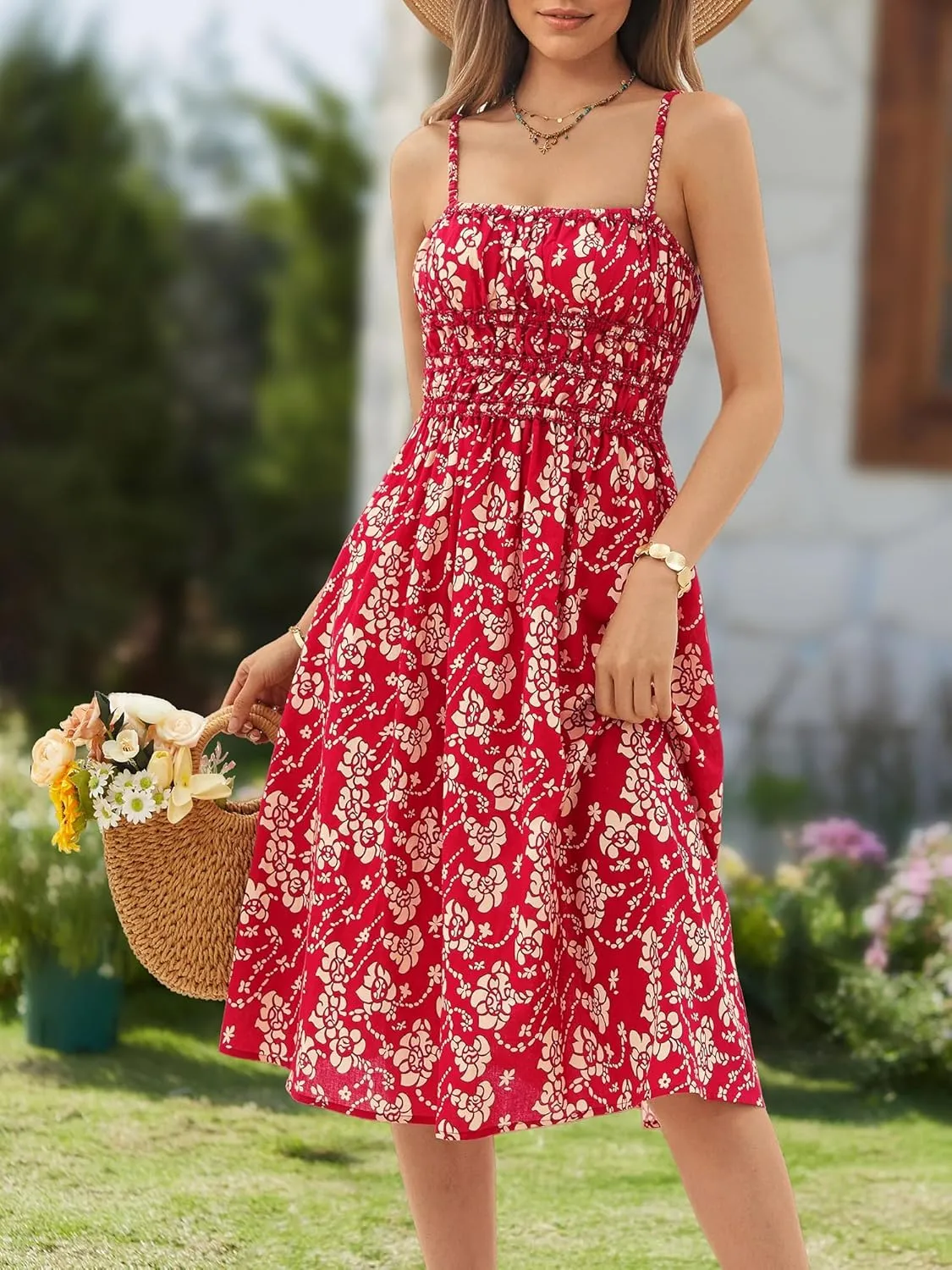 DIRASS 100% Cotton Dress for Women 2025 Summer Vacation Beach Smocked Midi Dress