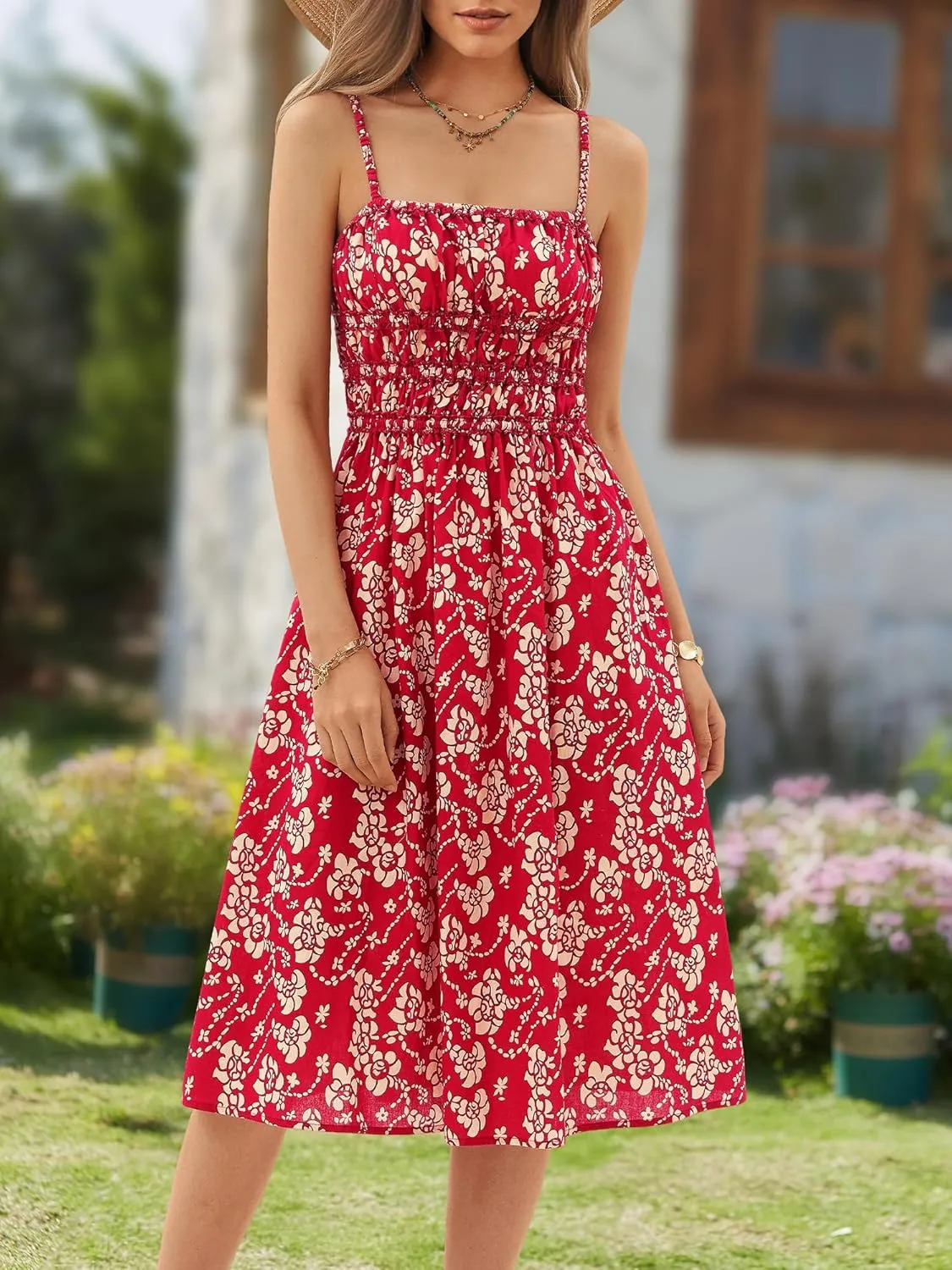 DIRASS 100% Cotton Dress for Women 2025 Summer Vacation Beach Smocked Midi Dress