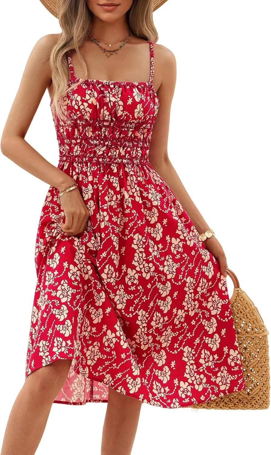 DIRASS 100% Cotton Dress for Women 2025 Summer Vacation Beach Smocked Midi Dress