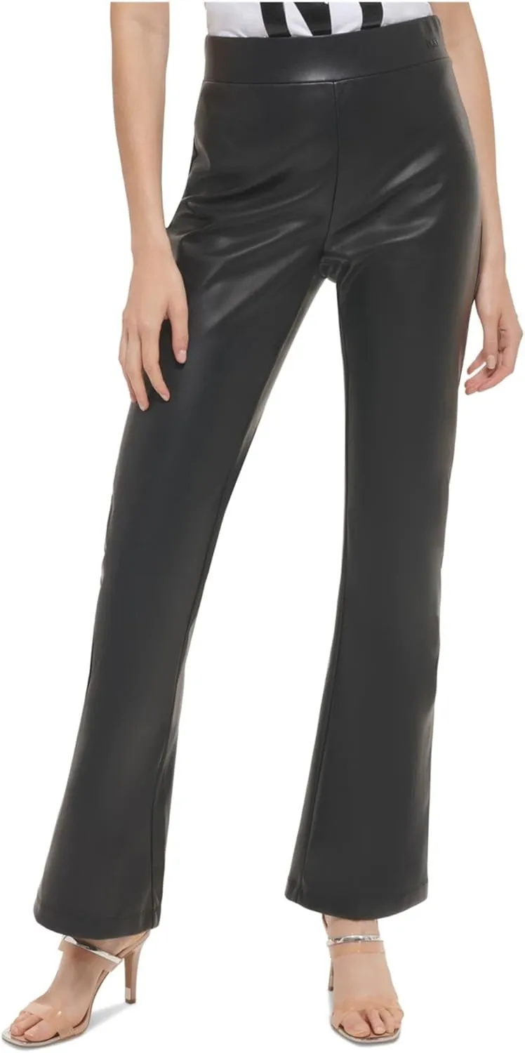 DKNY Women's Butter Faux Leather Flare Pants (Black, Medium)