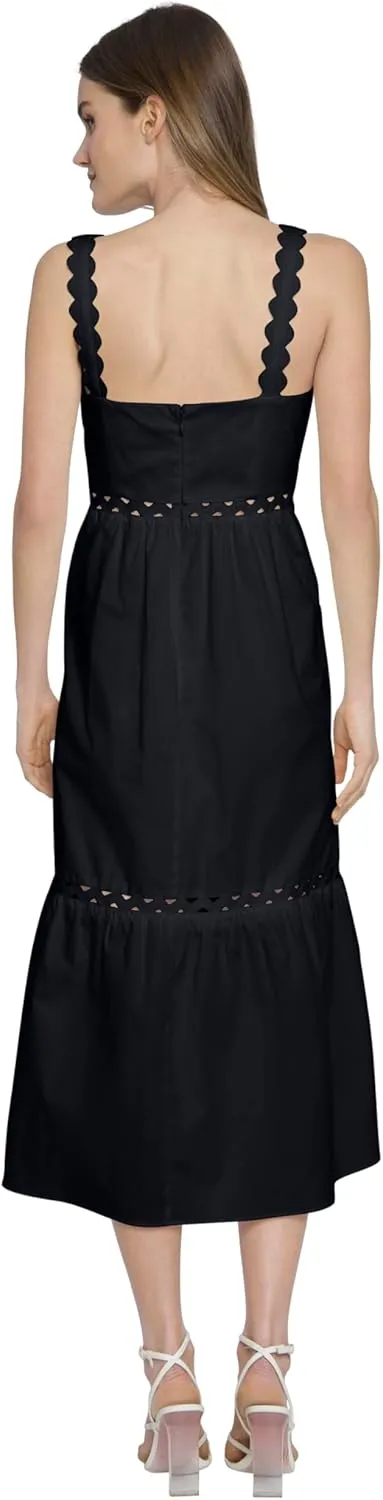 Donna Morgan Square Neck Midi Scalloped Eyelet Lace Straps and Pockets-Black Dresses for Women