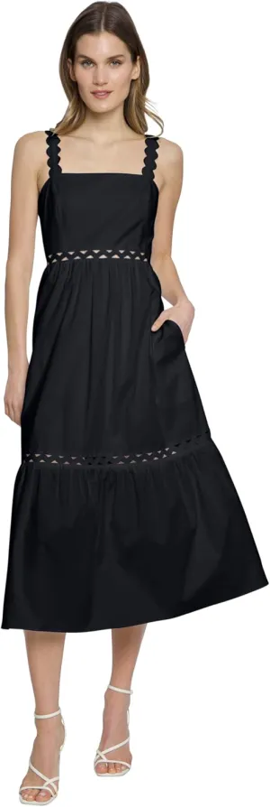 Donna Morgan Square Neck Midi Scalloped Eyelet Lace Straps and Pockets-Black Dresses for Women