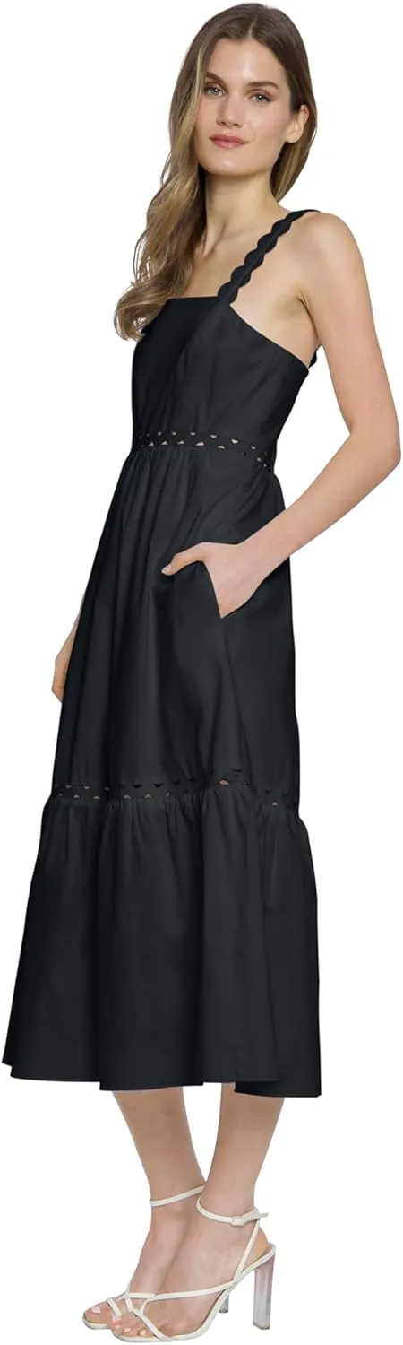 Donna Morgan Square Neck Midi Scalloped Eyelet Lace Straps and Pockets-Black Dresses for Women
