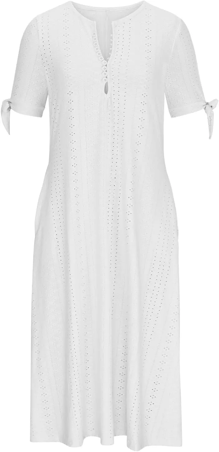 Dresses for Women Boho Eyelet Button V Neck Tie Knot Short Sleeve Dress Flowy Beach Vacation Midi Dress with Pocket