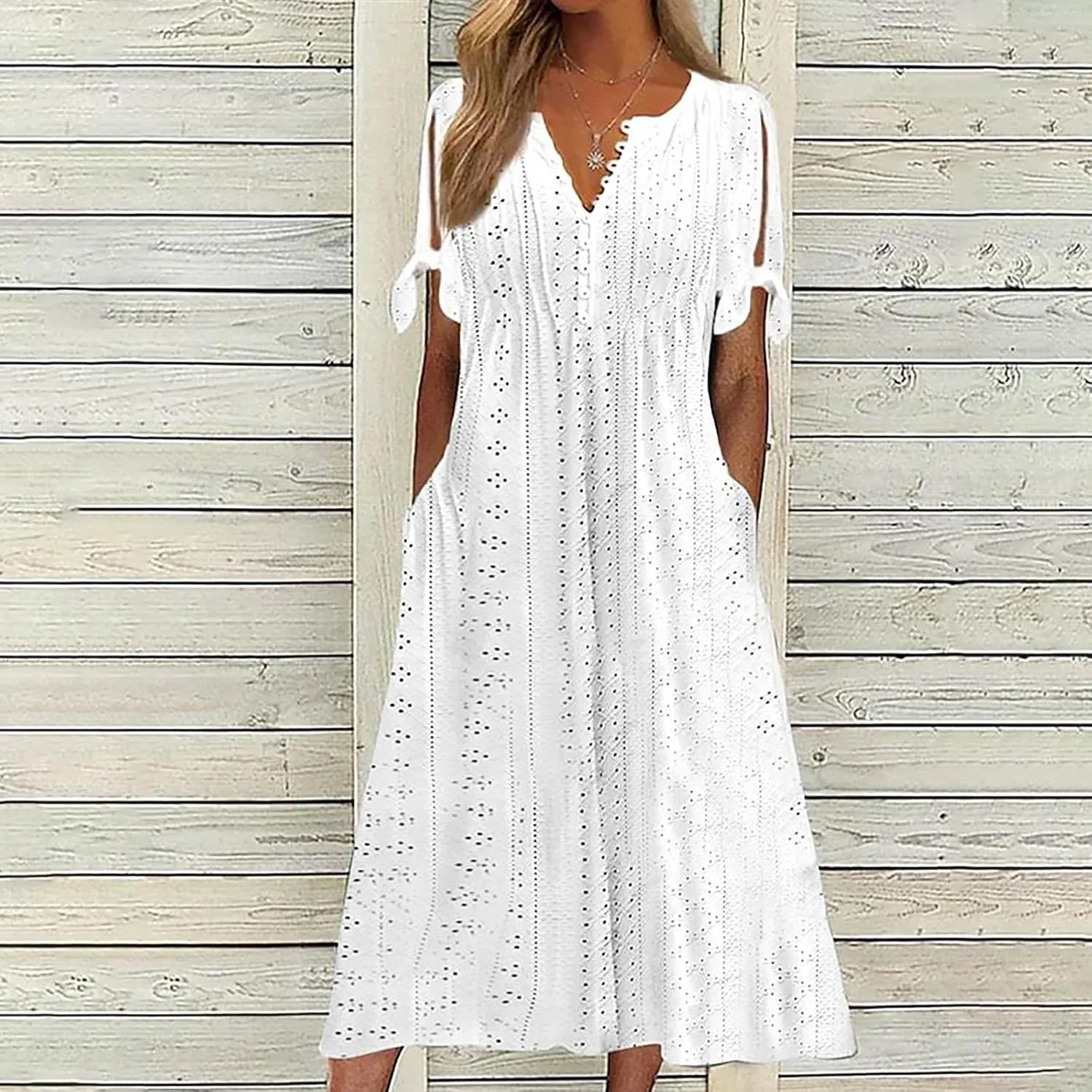 Dresses for Women Boho Eyelet Button V Neck Tie Knot Short Sleeve Dress Flowy Beach Vacation Midi Dress with Pocket