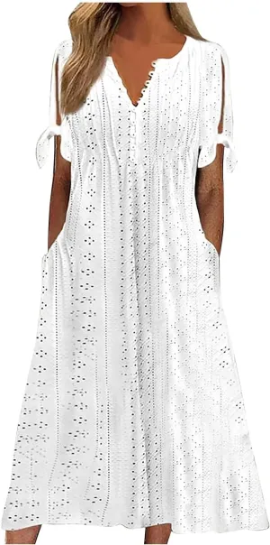 Dresses for Women Boho Eyelet Button V Neck Tie Knot Short Sleeve Dress Flowy Beach Vacation Midi Dress with Pocket