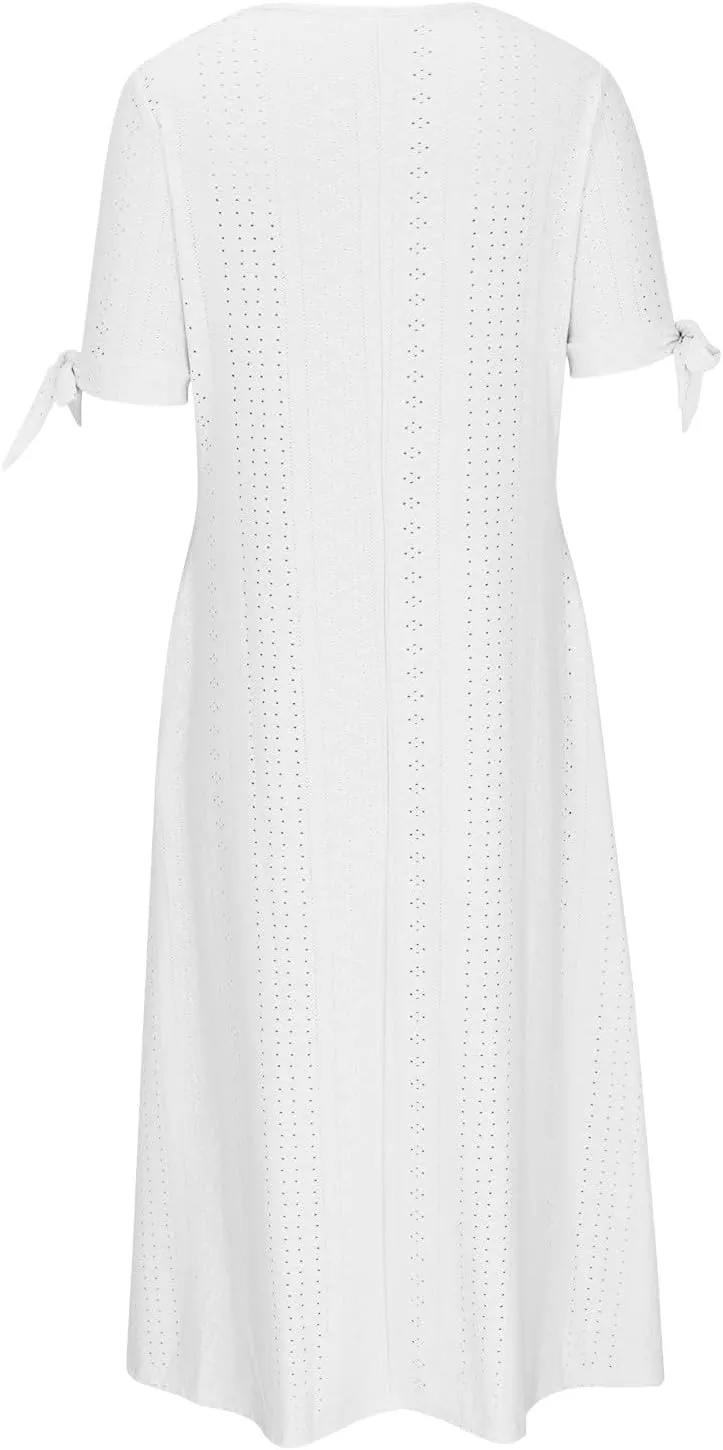 Dresses for Women Boho Eyelet Button V Neck Tie Knot Short Sleeve Dress Flowy Beach Vacation Midi Dress with Pocket
