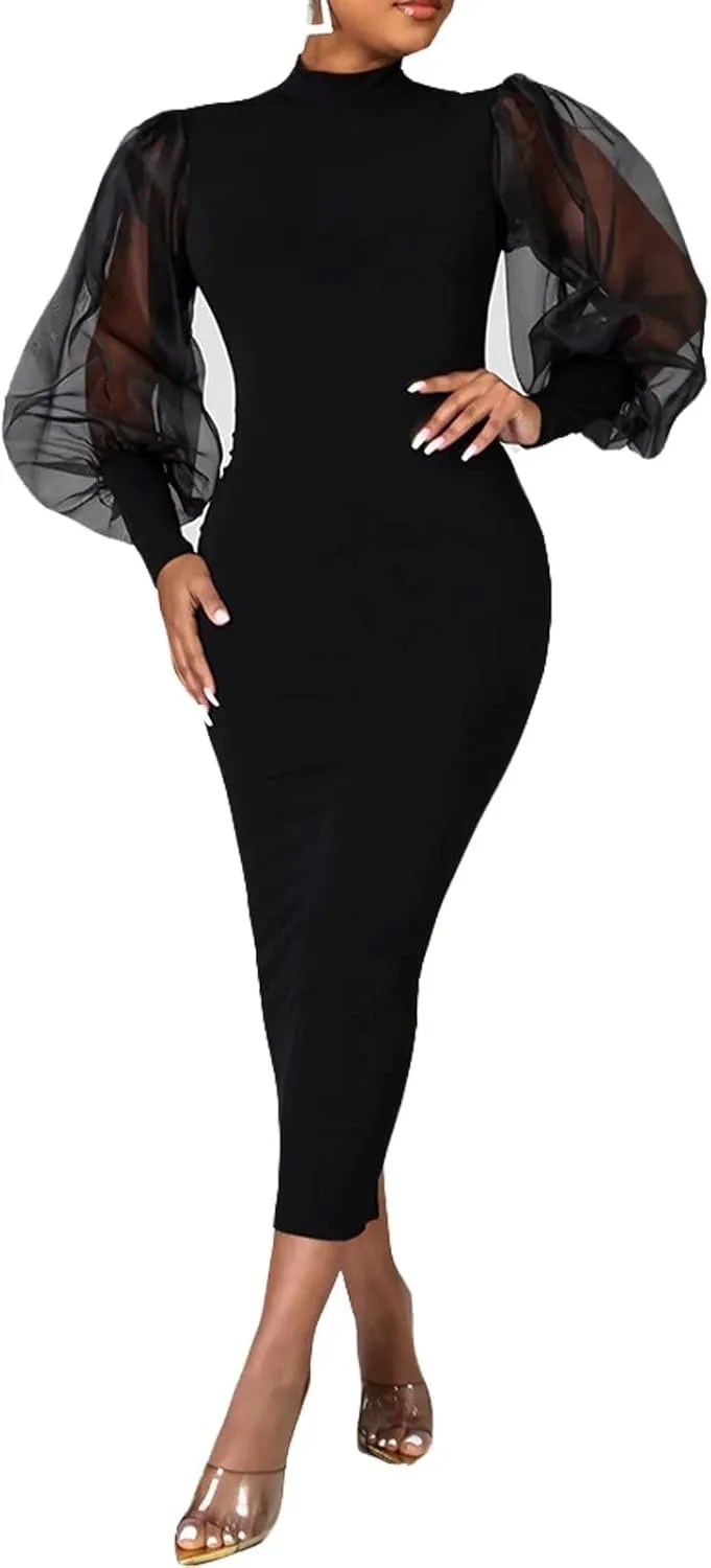Ekaliy Women's See Through Bodycon Dress Sheer Mesh Long Puff Lantern Sleeve Dress Sexy Club Party Midi Dress Clubwear