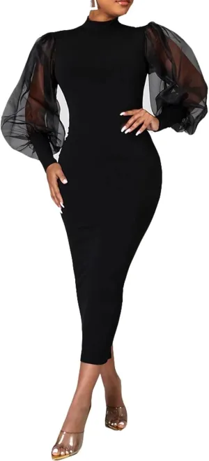 Ekaliy Women's See Through Bodycon Dress Sheer Mesh Long Puff Lantern Sleeve Dress Sexy Club Party Midi Dress Clubwear