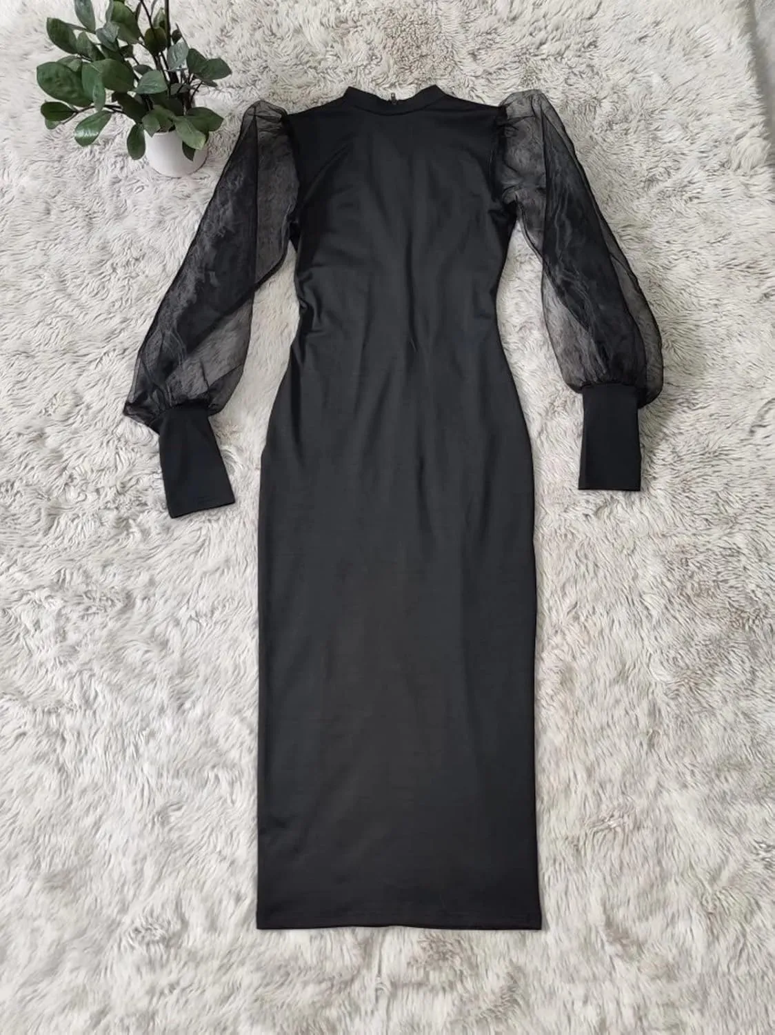 Ekaliy Women's See Through Bodycon Dress Sheer Mesh Long Puff Lantern Sleeve Dress Sexy Club Party Midi Dress Clubwear