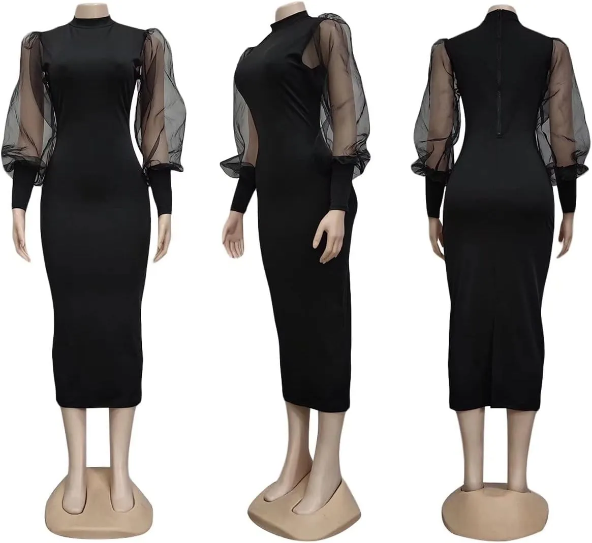Ekaliy Women's See Through Bodycon Dress Sheer Mesh Long Puff Lantern Sleeve Dress Sexy Club Party Midi Dress Clubwear