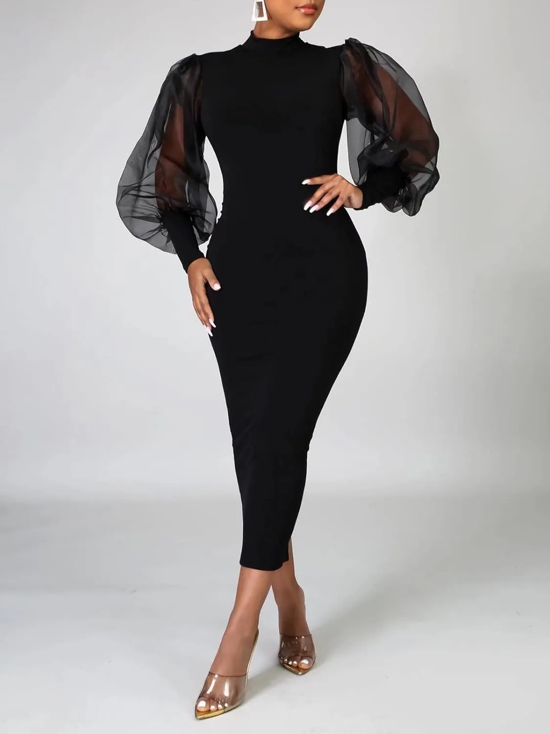 Ekaliy Women's See Through Bodycon Dress Sheer Mesh Long Puff Lantern Sleeve Dress Sexy Club Party Midi Dress Clubwear