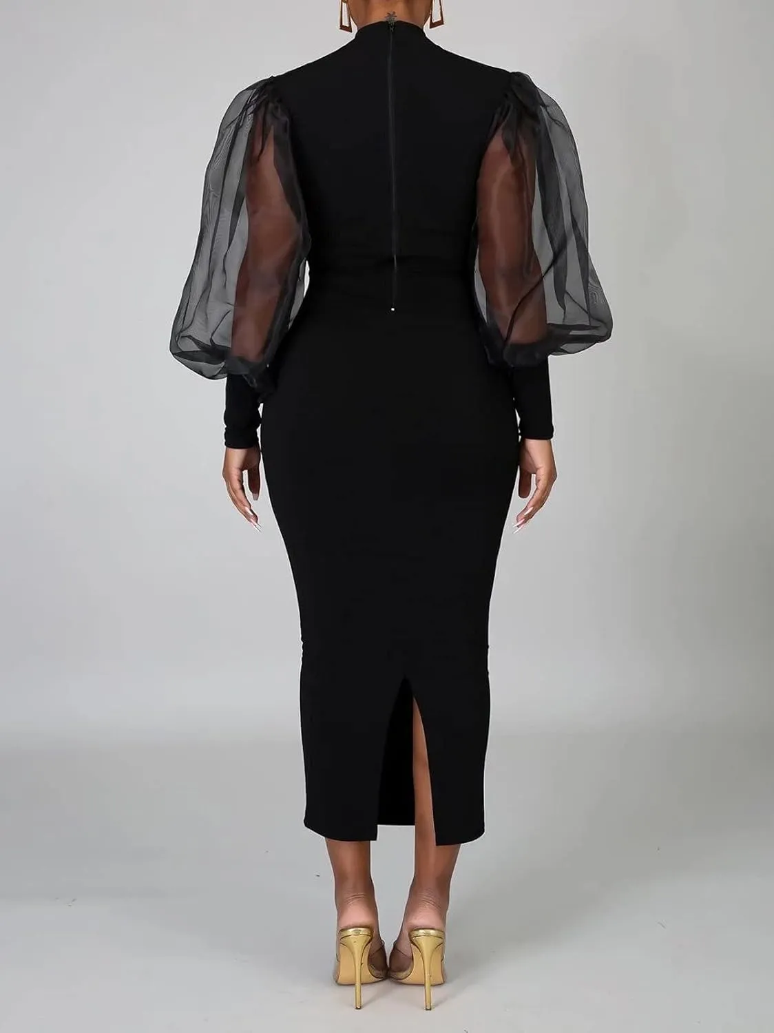 Ekaliy Women's See Through Bodycon Dress Sheer Mesh Long Puff Lantern Sleeve Dress Sexy Club Party Midi Dress Clubwear