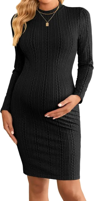 Ekouaer Mock Turtleneck Long Sleeve Maternity Dress Bodycon Pregnancy Dress for Baby Shower Pencil Dress Black M